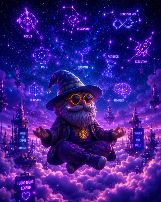 A digital artwork features a meditating wizard in purple robes levitating above clouds, surrounded by cosmic constellation icons labeled FOCUS, DISCIPLINE, CONSISTENCY, SYSTEMS, GROWTH, PATIENCE, EXECUTION, LEARNING, and MINDSET, with floating city towers bearing 'BUILD CREATE ELEVATE', 'SKILLS PAY BILLS', and 'GOOD NIGHT LEGEND'.