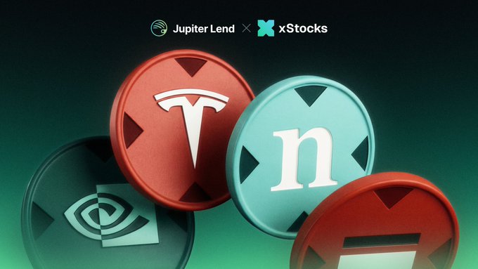 The image features four stacks of coins, each with a different color - red, blue, green, and white. The text "xStocks" appears multiple times within the image, suggesting that these coins are related to xStocks or some other financial institution. The image also includes a post about depositing xStocks into Jupiter Lend stacks for four wins at once, which implies that the coins could be used as a means of investing in the company's stock market.