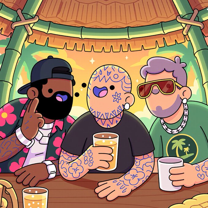 Three cartoon-style friends gather at a tropical tiki bar, each with Doodles-inspired blue tattoo doodles on their skin, holding drinks in a vibrant, beachy scene that matches the Sunday Funday celebration of the Doodles NFT collection.