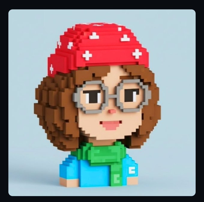A pixel-art/voxel-style 3D figurine of a character with curly brown hair, round glasses, a green scarf, blue shirt, and a red bandana with white cross patterns, likely representing the @MrDigit NFT mentioned in the giveaway post.