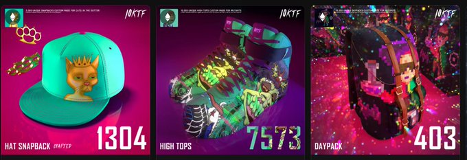 A promotional banner for 10KTF showcasing three NFT items—a teal "Hat Snapback" (#1304), vibrant green "High Tops" (#7573), and a pixelated "Daypack" (#403)—reflecting the post's nostalgic appreciation for the once-thriving 10KTF crafting and Battle Town era of Web3 collectibles.