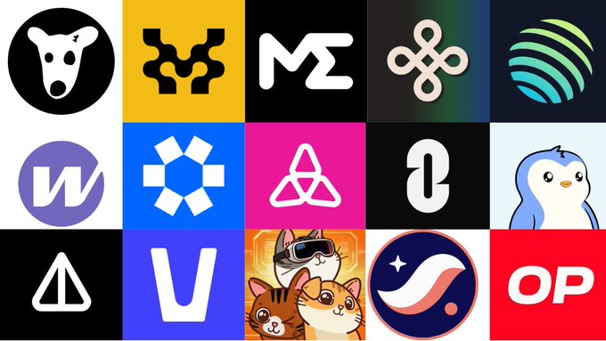 A grid of 15 colorful cryptocurrency and tech-related logos, including designs resembling memecoins, DeFi protocols, and cartoon mascots like a penguin and a cat.