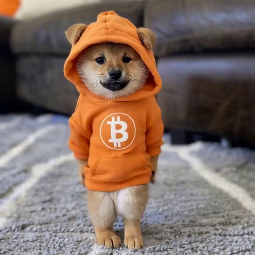 The image features a small brown dog wearing an orange hoodie with a white Bitcoin symbol, standing on its hind legs on a gray carpeted floor. The dog appears to be posing for the camera while wearing the unique outfit. The background of the image is blurred and does not provide any additional context or information about the content of the post.