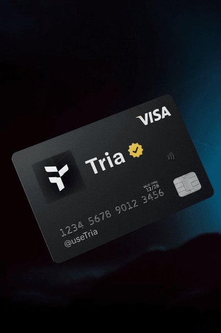 A promotional image of a black Visa credit card branded 'Tria' with the handle @useTria and a yellow verified checkmark badge.