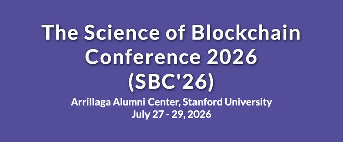 A promotional banner for "The Science of Blockchain Conference 2026 (SBC'26)" displayed on a purple background, indicating it will be held at the Arrillaga Alumni Center, Stanford University from July 27-29, 2026. The image directly supports the post announcing attendance at the Stanford conference hosted with YZI Labs, highlighting the event's details and dates.