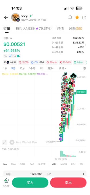 A mobile crypto trading app screen for the token 'dog' showing a price of $0.00521 with a +64,938% change, a green/red candlestick chart, and Buy/Sell (买入/卖出) buttons.