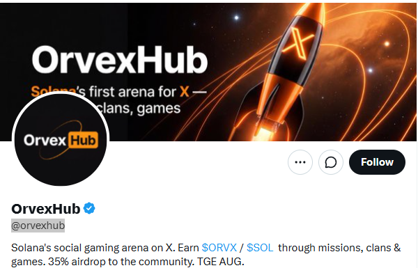 The image shows the X (Twitter) profile of OrvexHub (@orvexhub), featuring its orange rocket logo and banner promoting it as "Solana's first arena for X," with the bio highlighting the $ORVX / $SOL token and a 35% airdrop with an "AUG" TGE. The accompanying post highlights the team's involvement across multiple projects, including OrvexHub, suggesting a pattern of unfulfilled TGEs, which directly ties to the profile's prominent mention of an upcoming August token generation event.