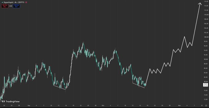 A TradingView candlestick chart for Hyperliquid (CRYPTO) showing price movements ranging from approximately $80 to $114, with notable support and resistance levels marked.