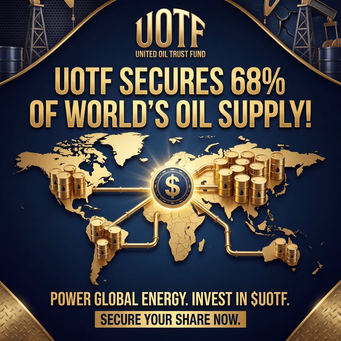 A promotional graphic for the "United Oil Trust Fund" (UOTF) with bold gold lettering on a dark blue background declaring "UOTF SECURES 68% OF WORLD'S OIL SUPPLY!" The design features a golden world map overlaid with oil barrels, pipelines, and a central dollar coin emblem, accompanied by the tagline "POWER GLOBAL ENERGY. INVEST IN $UOTF. SECURE YOUR SHARE NOW." The image visually reinforces the post's claims of UOTF's dominant control over global oil reserves and ties into the humorous crypto-meets-commodities premise.