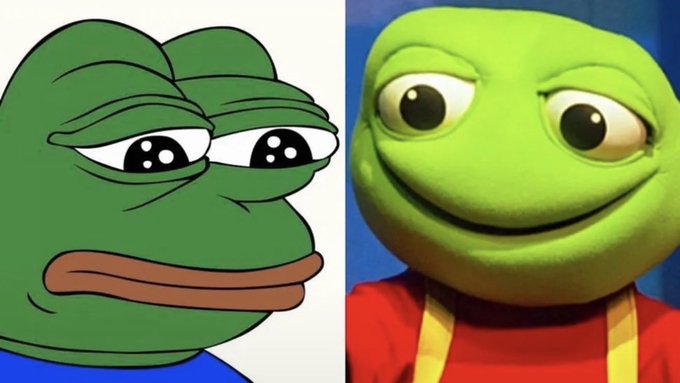 A 2D cartoon drawing of a sad Pepe frog on the left and a 3D render of a smiling Pepe frog on the right, used to humorously contrast worry and excitement about the $TOAD token's rising market cap from 7M toward 10M.