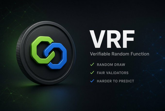 A graphic features a green and blue chain link coin alongside the acronym 'VRF' (Verifiable Random Function), highlighting features like random draw, fair validators, and harder to predict.