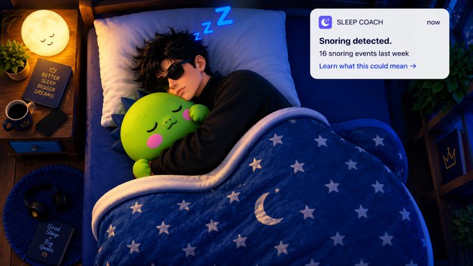 An illustration of a person sleeping in bed with a sleep mask, hugging a green round plush toy, with a notification from a "SLEEP COACH" app stating "Snoring detected. 16 snoring events last week."
