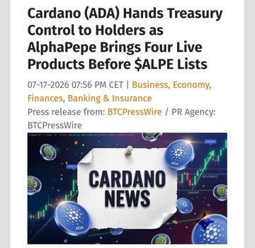 The image is a headline from a press release titled "Cardano (ADA) Hands Treasury Control to Holders as AlphaPepe Brings Four Live Products Before $ALPE Lists," dated 07-17-2026 and sourced from BTCPressWire. It features a graphic labeled "CARDANO NEWS" with floating ADA coin illustrations, though the post's caption shifts focus to contrast Cardano's decentralization efforts with the established, community-driven track record of LunaClassic ($LUNC) and $USTC.