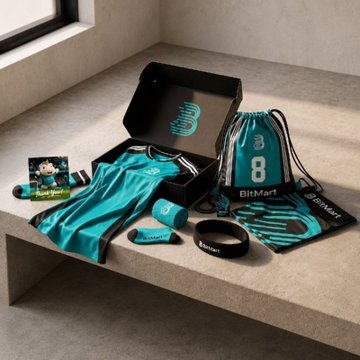 The image features a sports-themed gift box sitting on top of a bench, with various items inside such as a soccer jersey, socks, a sweatband, and other accessories related to sports activities. The post seems to be promoting a sports merchandise brand called "BitMart" or possibly a sports event like the World Cup.