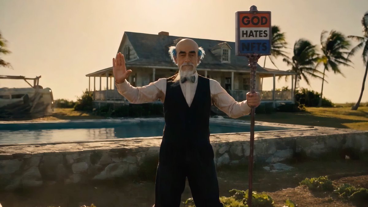 An AI-generated image of an older man in formal attire holding a 'GOD HATES NFTS' sign while raising his other hand, standing in front of a beach house.