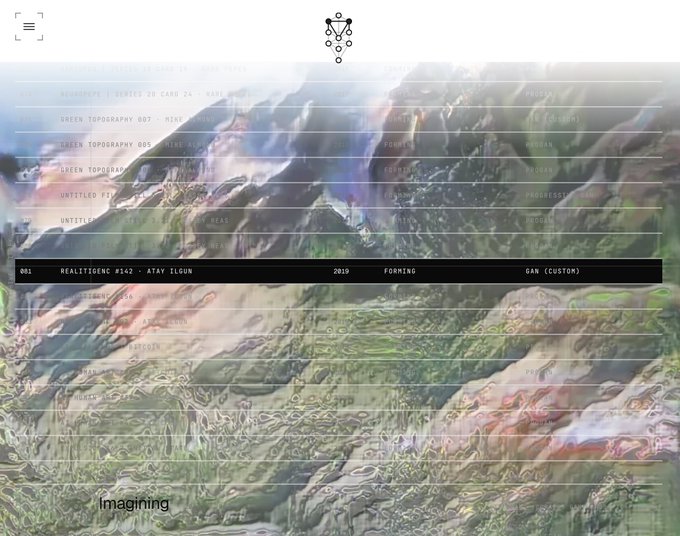 An abstract digital art piece featuring distorted mountain landscape imagery with overlaid text including 'GREEN TOPOGRAPHY' and a highlighted entry 'REALITISCENE #142 - ATAY ILGUN, 2019, FORMING, GAN (CUSTOM)'.