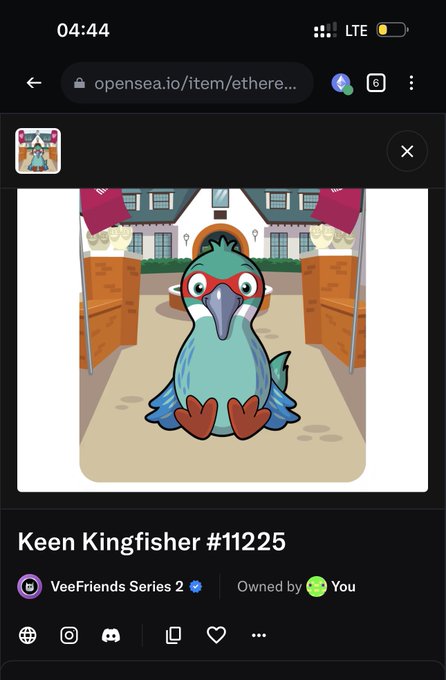 An OpenSea page on opensea.io displaying NFT item 'Keen Kingfisher #11225' from the VeeFriends Series 2 collection, owned by 'You'.