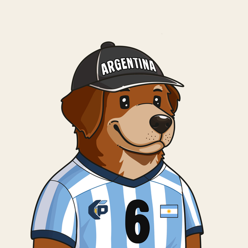 The image features a cartoon dog wearing a blue and white striped shirt, which appears to be a soccer uniform. The dog is also wearing a black baseball cap with the word "argentina" written on it. The caption of the image reads "Pup Cup #49 SOLD 0.030 ETH Opensea 0xca50...0bb5 → 0xf90c..." and "Join the World Pup Protocol: opensea.io/collection/the ... #WorldPupProtocol".