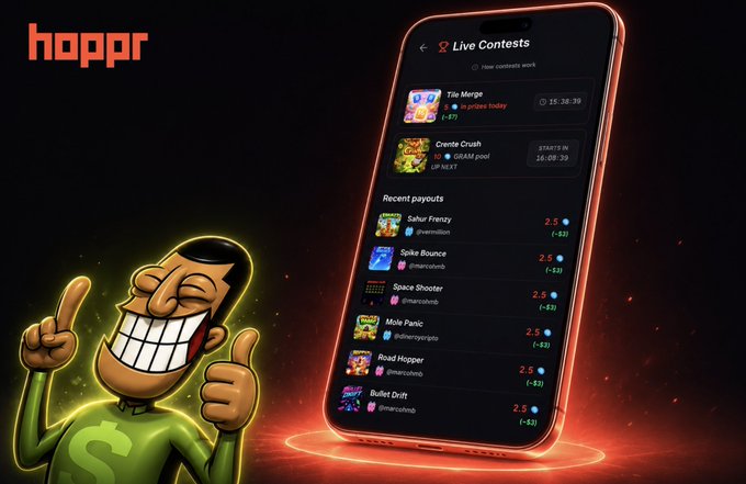 A promotional graphic for the "hoppr" app displays a cartoon character in a green suit giving two thumbs up next to a smartphone showing "Live Contests" featuring games like Tile Merge, Crezta Crash, and recent payouts including Sahur Frenzy and Spike Bounce.