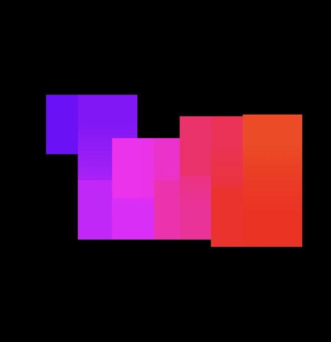 An abstract geometric design features overlapping squares in purple, pink, magenta, and orange against a black background.