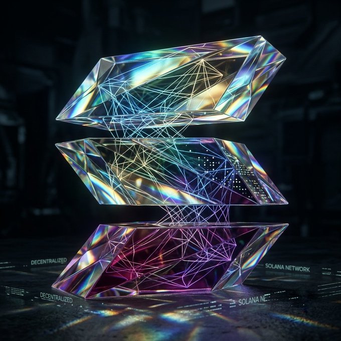 A stylized digital artwork showing three stacked crystalline geometric shapes with iridescent rainbow reflections and internal glowing wireframe networks, labeled 'DECENTRALIZED' and 'SOLANA NETWORK' on the surface below.