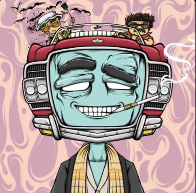 A colorful cartoon illustration depicting a turquoise character with a truck for a head, smoking a cigarette, with two smaller characters (one in a sailor hat, another with sunglasses) riding in the truck bed, set against a swirling purple background.