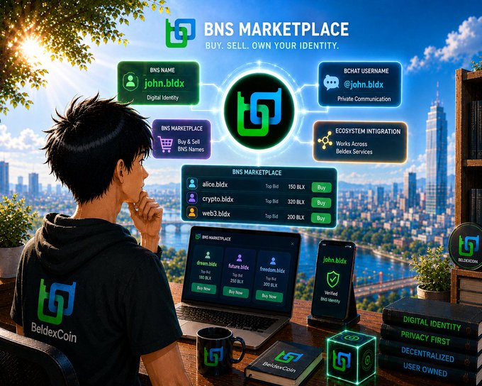 A digital illustration advertising the 'BNS MARKETPLACE' with the tagline 'BUY, SELL, OWN YOUR IDENTITY,' showing a person at a laptop viewing listings for BNS names like 'alice.bldx' and 'crypto.bldx,' branded with the BeldexCoin logo.