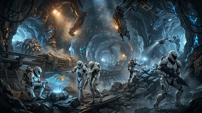 A sci-fi digital illustration showing futuristic soldiers and robots operating in a dark cavern with glowing blue crystals, illuminated by sparks and mining equipment.