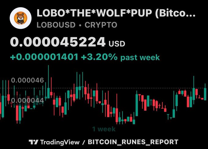 A TradingView/BITCOIN_RUNES_REPORT chart showing the cryptocurrency 'LOBO*THE*WOLF*PUP (Bitcoin)' trading on LOBOUSD at 0.000045224 USD, up +3.20% over the past week.