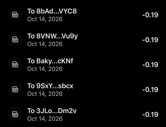 A mobile wallet transaction history screenshot shows five outgoing transfers dated Oct 14, 2026, each for -0.19, sent to partially redacted wallet addresses (8bAd...VYC8, 8VNW...Vu9y, Baky...cKNf, 9SxY...sbcx, 3JLo...Dm2v).

The image serves as proof of payments sent to the tagged recipients, corresponding to the post announcing that money has been distributed to those users.