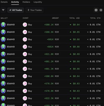 A cryptocurrency transaction history screen showing multiple 'Buy' events of MOR token (~$580-$823K) from wallet 859449, with each purchase costing around $0.63-$0.69 USD for less than 0.01 ETH.