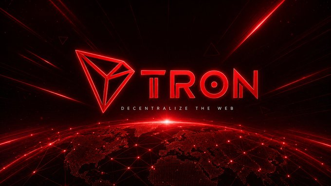 The image displays the TRON logo with the tagline "DECENTRALIZE THE WEB" set against a stylized red globe with network connections and light rays, visually reinforcing the post's message of TRON's expanding global ecosystem and its Q2 growth metrics including $88.6B in stablecoin supply, 1.1B transactions, and $715.4M in revenue.