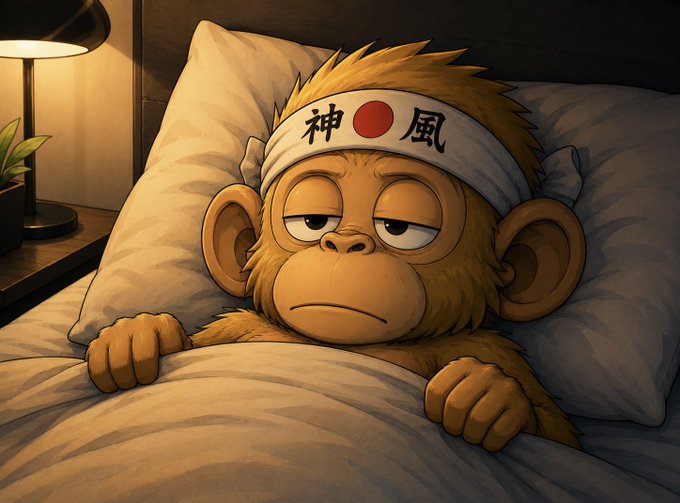 An illustration of a tired-looking monkey wearing a Japanese headband with the characters 神風 (Kamikaze) and a red sun, lying in bed under covers.