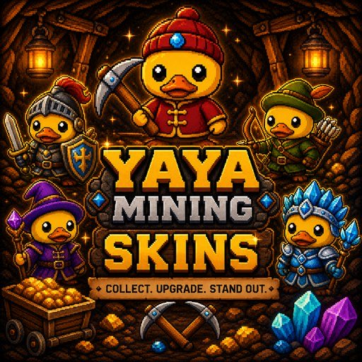A promotional graphic titled 'YAYA MINING SKINS' displays cartoon ducks dressed as various characters including a knight, miner, archer, wizard, and ice king in a mining cave setting with the tagline 'COLLECT. UPGRADE. STAND OUT.'