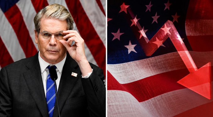 A man in a suit and blue tie adjusts his glasses at a podium with an American flag behind him, paired with a graphic showing a downward red arrow over the American flag, symbolizing the US Treasury's bearish withdrawal of $92 billion in liquidity from the economy this week.