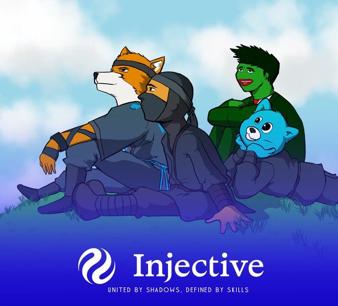 Injective mascot illustration featuring ninja-style animal/human characters (dog, cat, green-faced figure, and blue cat) with the tagline 'Injective — United by Shadows, Defined by Skills.'