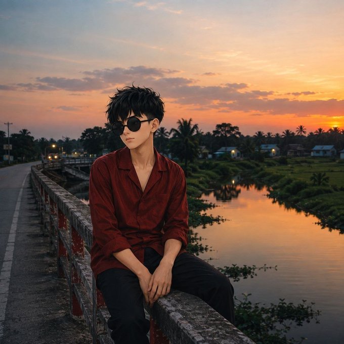 An anime-style illustration of a young man wearing sunglasses and a red shirt, sitting on a bridge railing at sunset beside a calm river reflecting the sky.