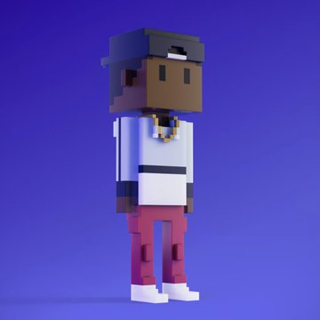 A 3D pixel/blocky stylized character avatar with dark skin, blue visor, white shirt, gold chain, and pink pants standing against a purple background.