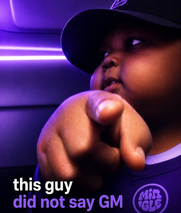 A meme featuring a close-up of a child in a purple-lit setting pointing at the camera, with text reading "this guy did not say GM" and a "MINGLE" logo.