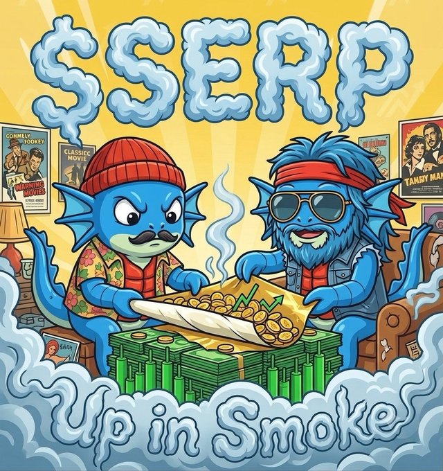 A cartoon illustration shows two blue creatures rolling a large joint over stacks of cash, with the cloud-like text 'SCERP' at the top and 'Up in Smoke' at the bottom, set against a backdrop of vintage movie posters.