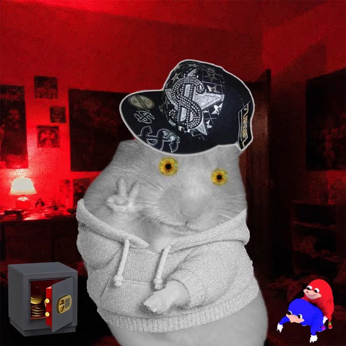A meme-style image featuring a fluffy cat wearing a hoodie and a large decorated cowboy hat in a red-lit room, making a peace sign, accompanied by a safe and a cartoon Mario character.