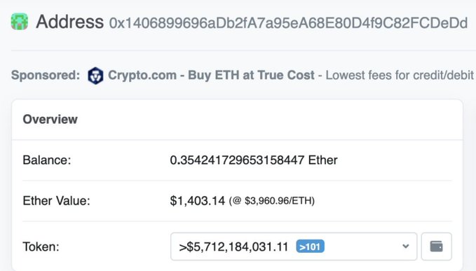 A cryptocurrency tracking interface displays an Ethereum address showing a balance of approximately 0.3542 Ether valued at $1,403.14, with a sponsored ad from Crypto.com.