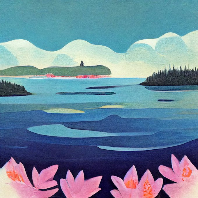 A stylized digital illustration features pink lotus flowers in the foreground with a serene blue lake, forested islands, and distant snow-capped mountains, reflecting the tranquil "Traditional landscape #027" NFT by @proneftium on @objktcom.