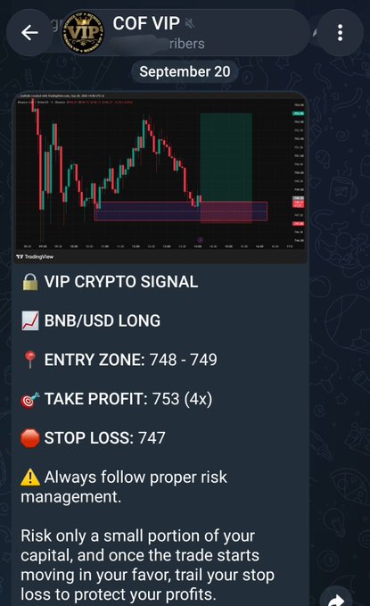 A Telegram message from 'COF VIP' showing a BNB/USD LONG crypto signal with entry zone 748-749, take profit at 753 (4x), and stop loss at 747, dated September 20.