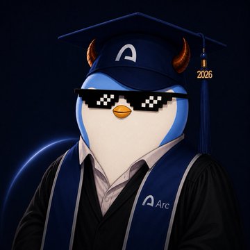 A penguin mascot named 'Arc' wearing pixelated sunglasses and a graduation cap with a '2026' tassel.