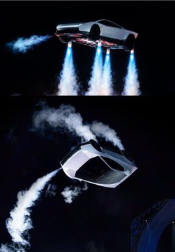 A silver, futuristic-looking hover vehicle is shown from two angles against a dark background, emitting blue thrust flames and white vapor trails.