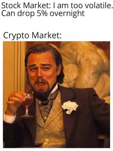 We need to write a concise 1-2 sentence caption describing what's in the image, including key text, numbers, tickers, names. Also note how image relates to the accompanying post.

The image text: "Stock Market: I am too volatile. Can drop 5% overnight" then "Crypto Market:" then picture of Leonardo DiCaprio in Wolf of Wall Street (the "I'm rich" meme) looking smug. So caption: The meme contrasts the stock market's modest 5% overnight drop with crypto's extreme volatility, shown by DiCaprio's smug expression. Include key text: "Stock Market: I am too volatile. Can drop 5% overnight", "Crypto Market:", and the hashtags. Also note relation: It's a humorous take on surviving crypto dips.

We need 1-2 sentences, concise. Let's craft: "The meme shows the stock market boasting a 5% overnight drop, while