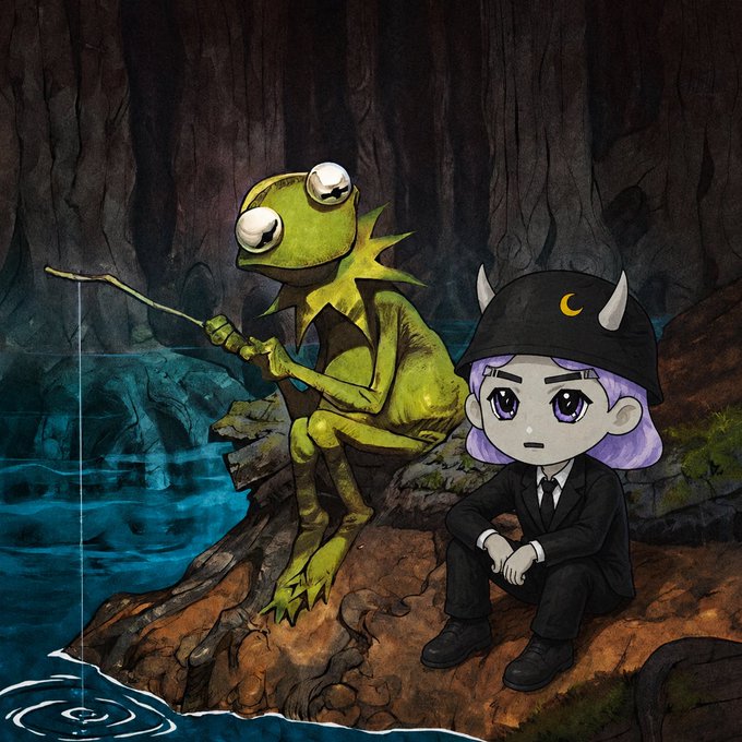 A cartoon green frog with bulging eyes fishes in a cave lagoon while a purple-haired girl in a black suit and horned hat sits beside it, fitting the whimsical "gm, magic internet friends" vibe of greeting crypto/Web3 peers at the start of a new week.