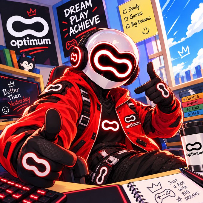 Vibrant cyberpunk-style illustration of an 'optimum' branded character in red jacket and glowing helmet, surrounded by gaming/anime themed posters with text 'DREAM PLAY ACHIEVE' and 'Better Than Yesterday'.