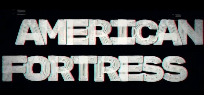 A graphic displaying the text "AMERICAN FORTRESS" in a metallic, 3D-style font with red and blue glitch effects on a black background.